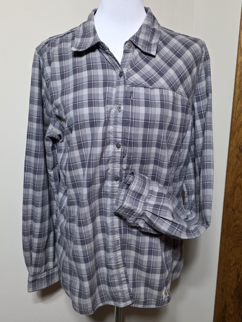Carhartt Shirt Adult Womens XL 16/18 Long Sleeve Flannel Gray plaid Force